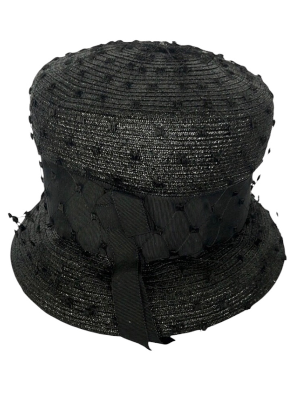 Vintage 1960’s Mod Bucket Straw Hat with Ribbon Trim and Black Netting